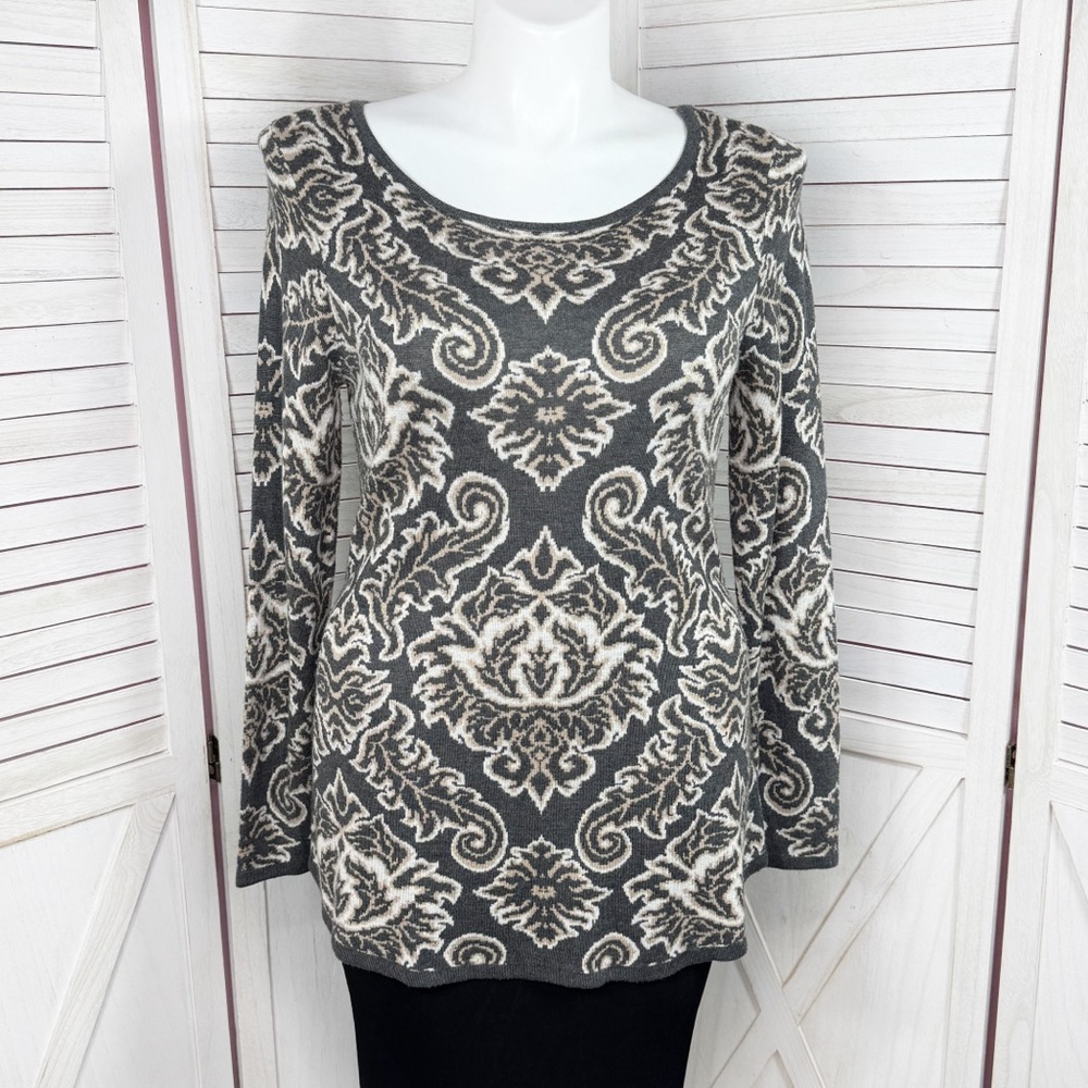Charter Club Damask Print Long Sleeve Tunic Sweater‎ Grey White Large